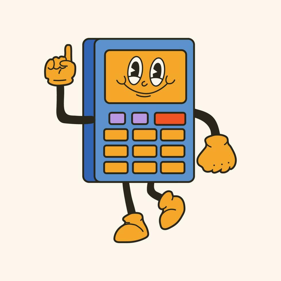 Calculator as School Item 30s cartoon mascot character 40s, 50s, 60s old animation style. Cartoon cheerful school mascot vector