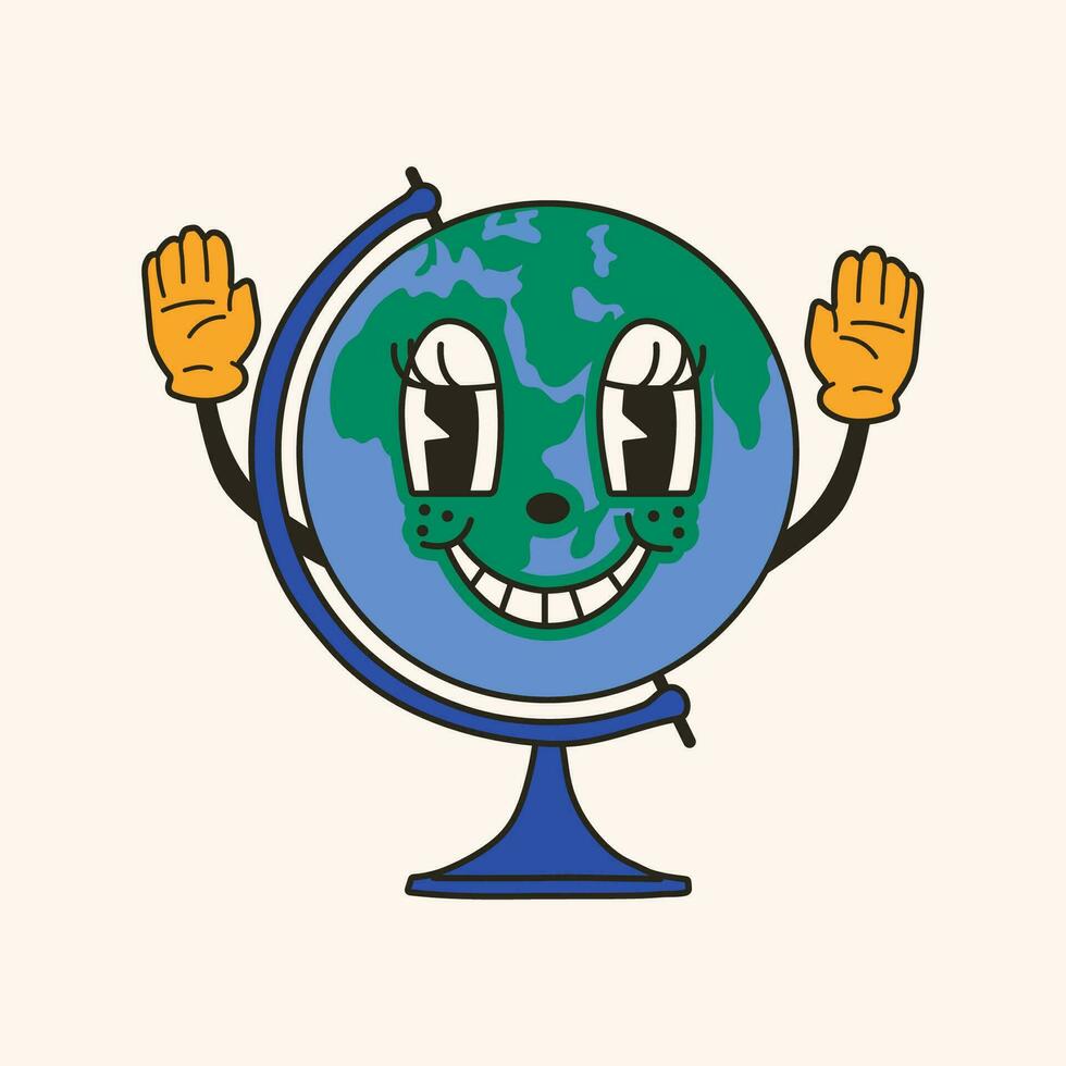 Earth Globe as School Item 30s cartoon mascot character 40s, 50s, 60s old animation style. Cartoon cheerful school mascot vector