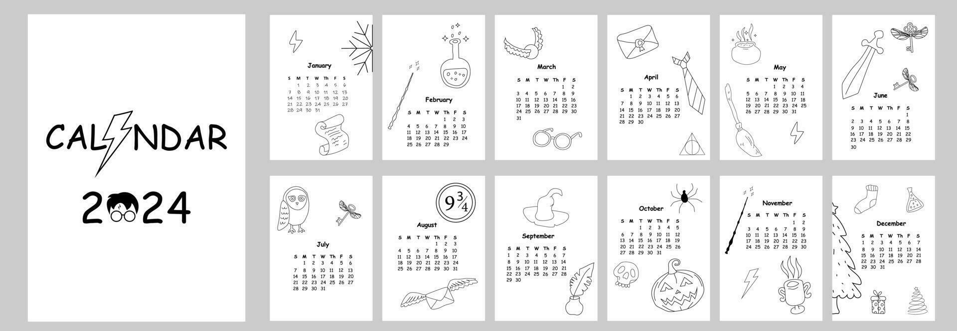 2024 calendar design. Hand drawn doodle magic calendar planner minimal