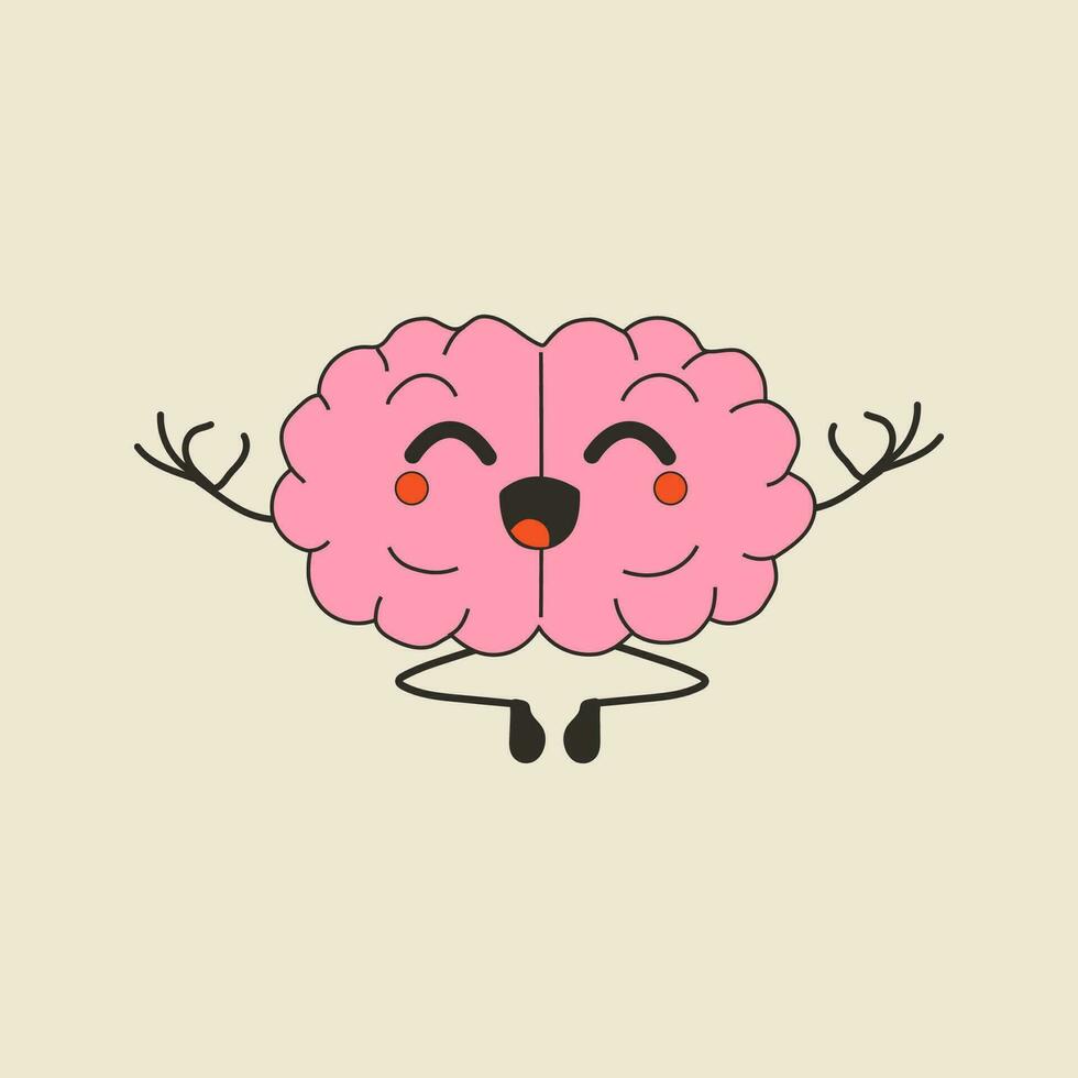 Cute funny kawaii human brain organ meditate character with happy face with mental calm yoga relax peace. Vector illustration design