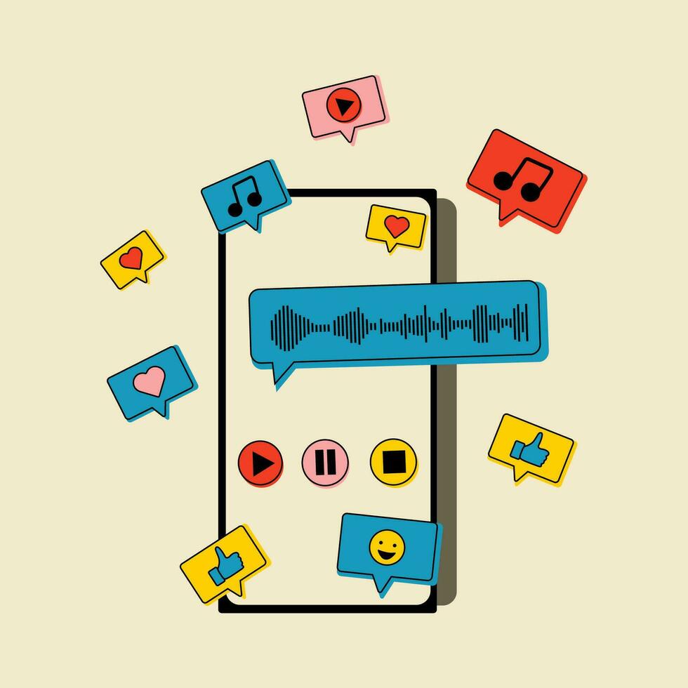 Phone with listening music on screen and decorative design elements. Communication, social networking concept. Vector illustration in flat style