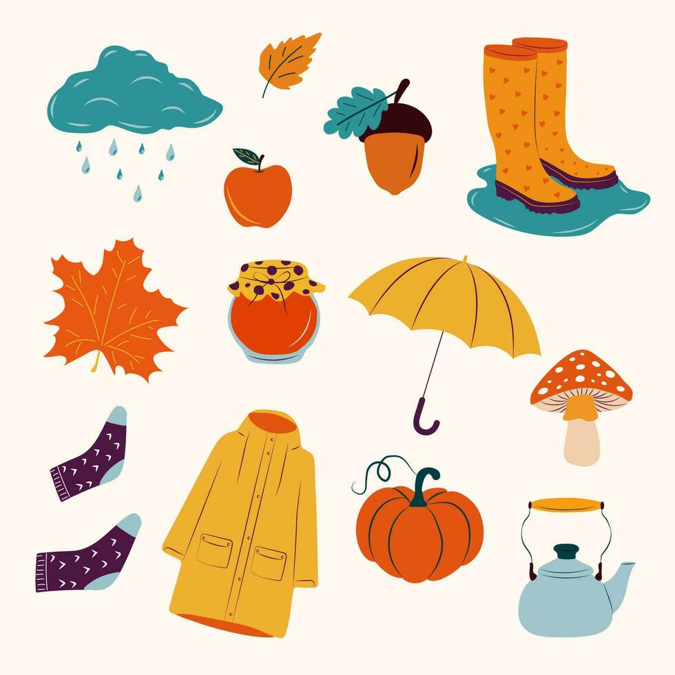 Autumn illustration, stickers with homely cute things. Vector design for card, poster, flyer, web and other use.