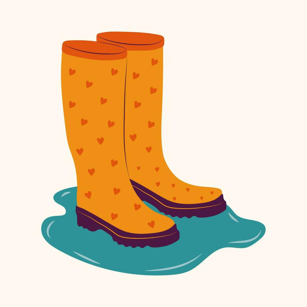 caucho botas dibujos animados vector ilustración. pie proteccion. naranja botas de agua con corazones, chanclos aislado en blanco antecedentes