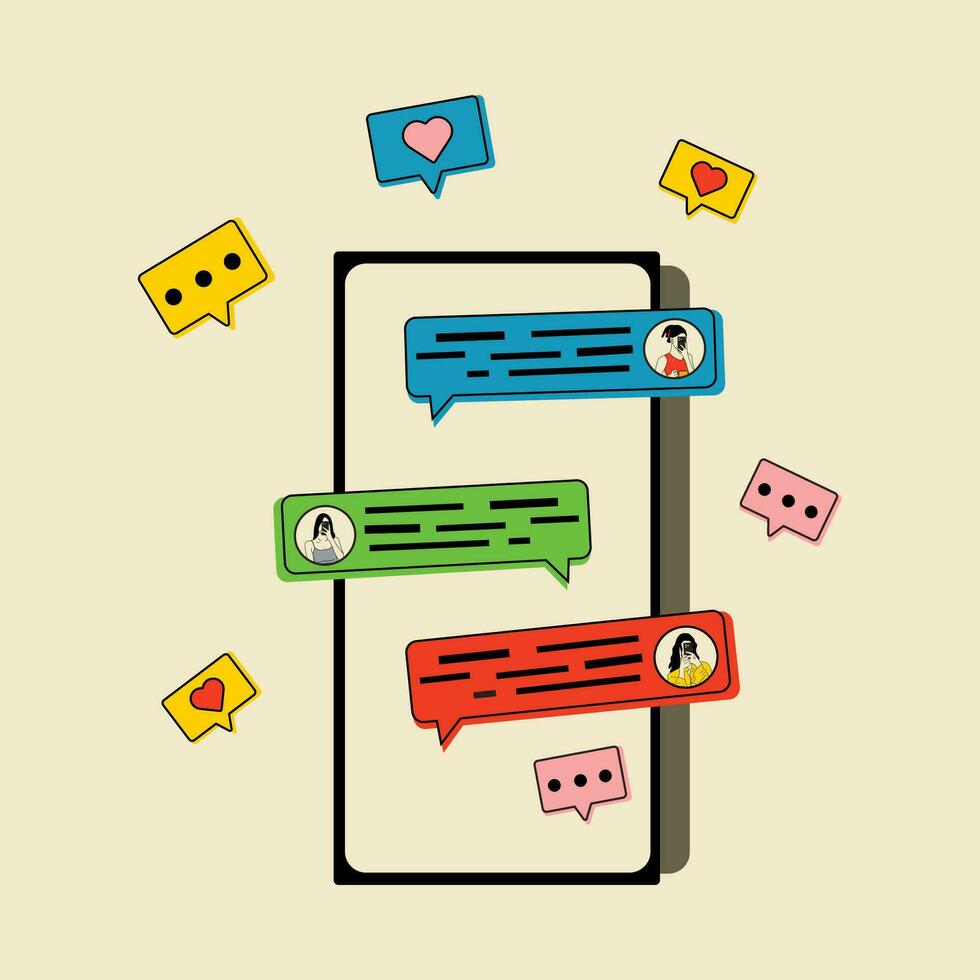 Phone with short messages, icons and emoticons. Chatting with friends and sending new messages. Communication, social networking concept. Vector illustration in flat style