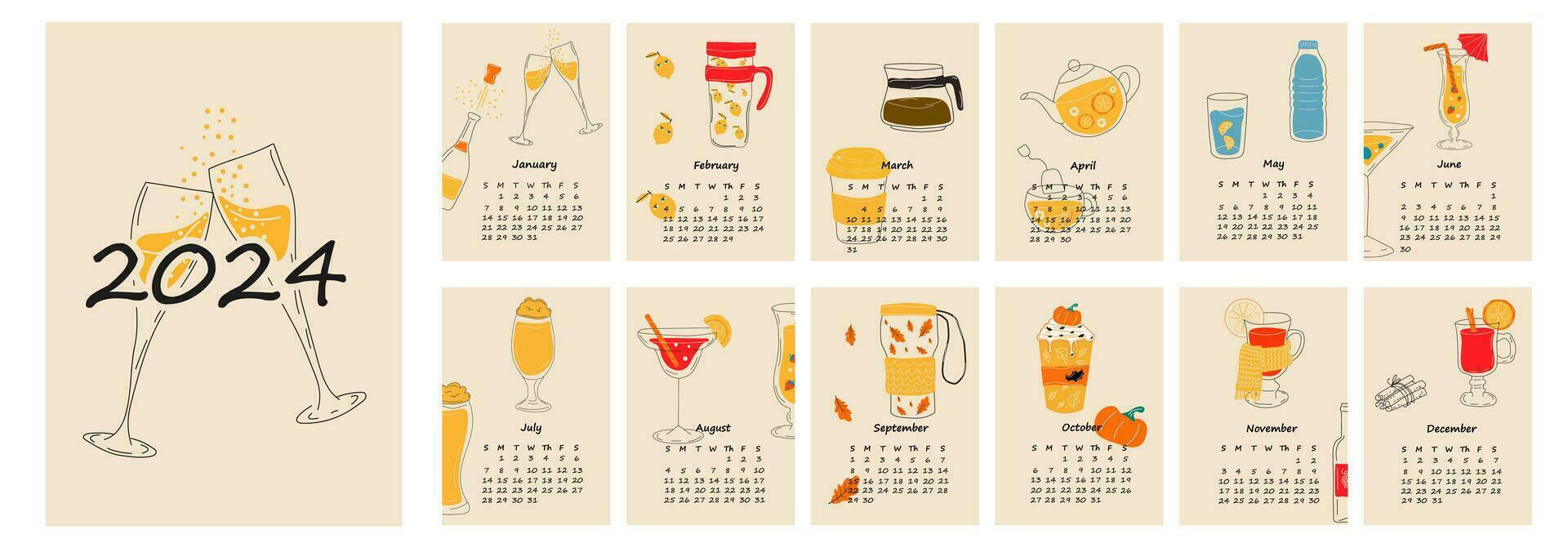 2024 calendar design with different drinks for different seasons. Hand drawn calendar planner minimal style, annual organizer. Vector illustration.
