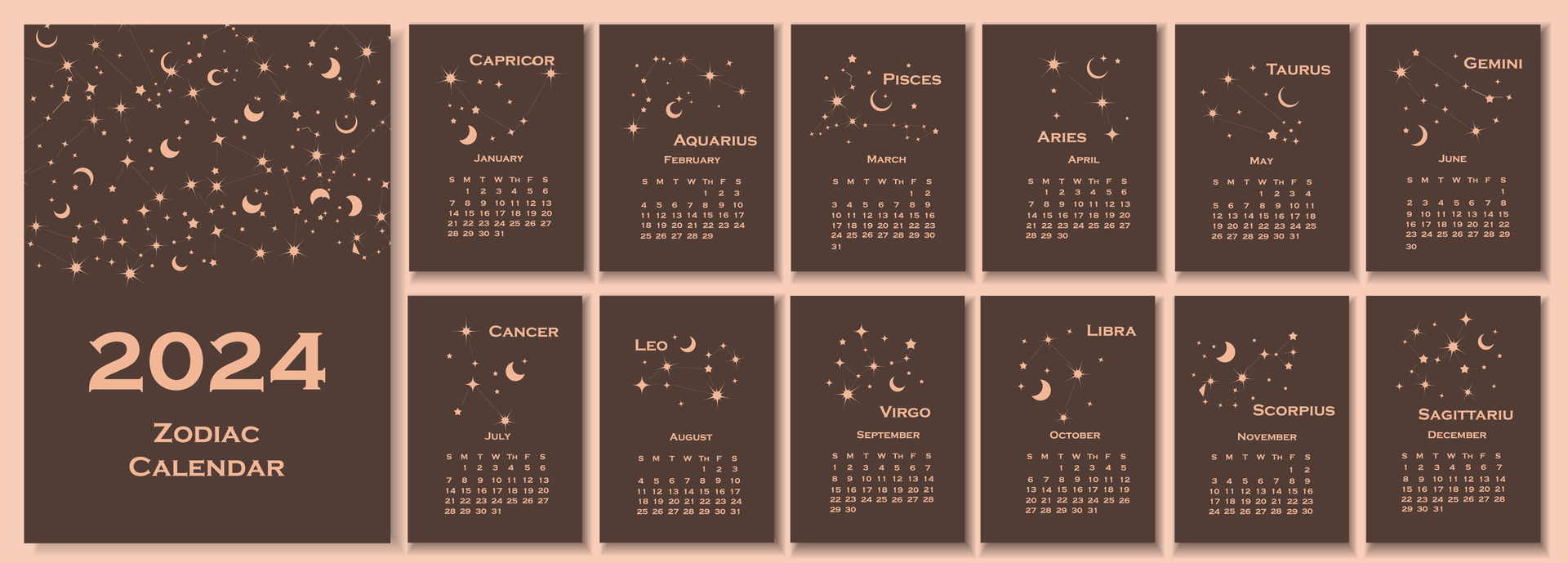 2024 calendar. Calendar concept design with constellation of the zodiac