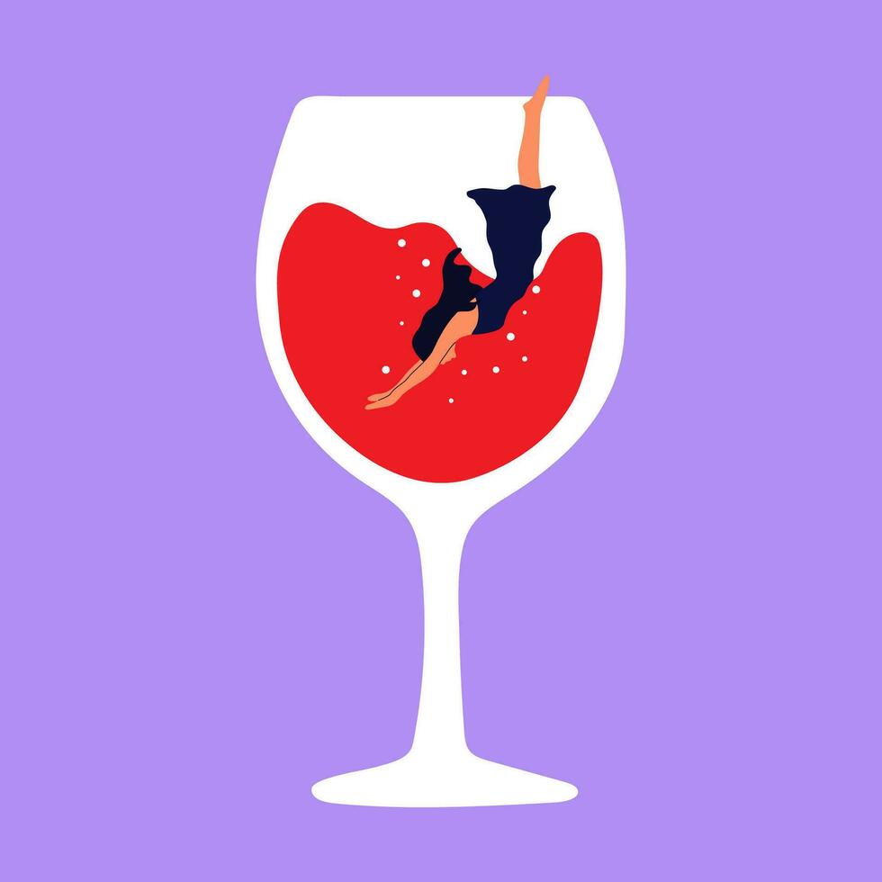 Trendy female characters swimming jumping into the glass.People suffering from hard drinking. Concept illustration with depressed characters sink in various alcohol glasses. vector