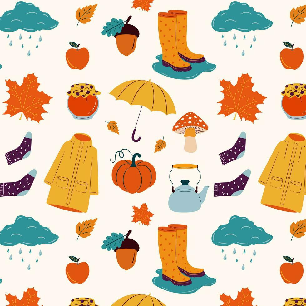 Seamless pattern with Autumn illustration, stickers with homely cute things vector