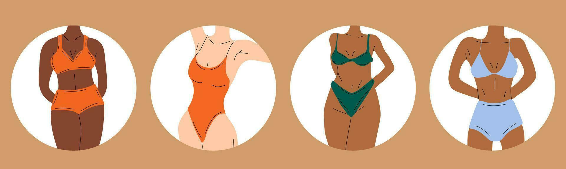 Set of Women in bikini. Beach underwear. Love and accept any body type. Healthy body, Body positive, fat acceptance movement, lifestyle and fashion concept. Hand drawn Vector illustration