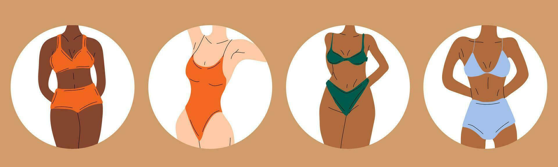 conjunto de mujer en bikini. playa ropa interior. amor y aceptar ninguna cuerpo tipo. sano cuerpo, cuerpo positivo, grasa aceptación movimienot, estilo de vida y Moda concepto. mano dibujado vector ilustración