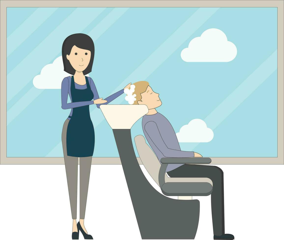 hairdresser making female customer hair in hair salon. hairdresser works with the client, washes hair, makes a haircut vector