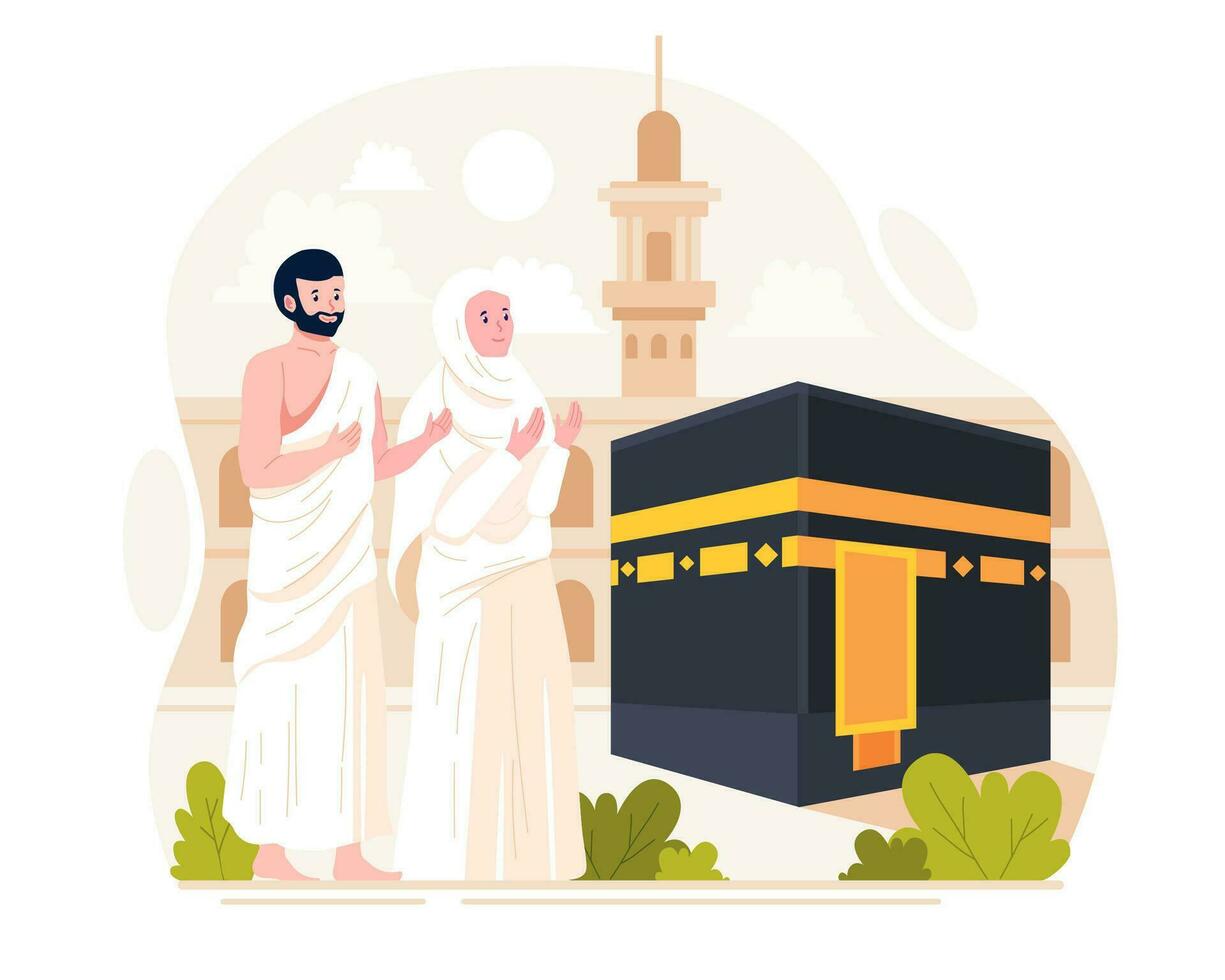 una pareja musulmana realiza la peregrinación hajj islámica. los personajes de hajj de hombre y mujer usan ropa de ihram con un fondo de kaaba. ilustración vectorial en estilo plano vector