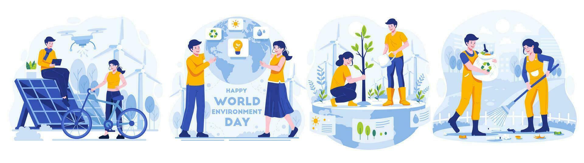 Illustration Set of World Environment Day. People taking care the earth. Save our planet. Earth Day Concept. Vector illustration