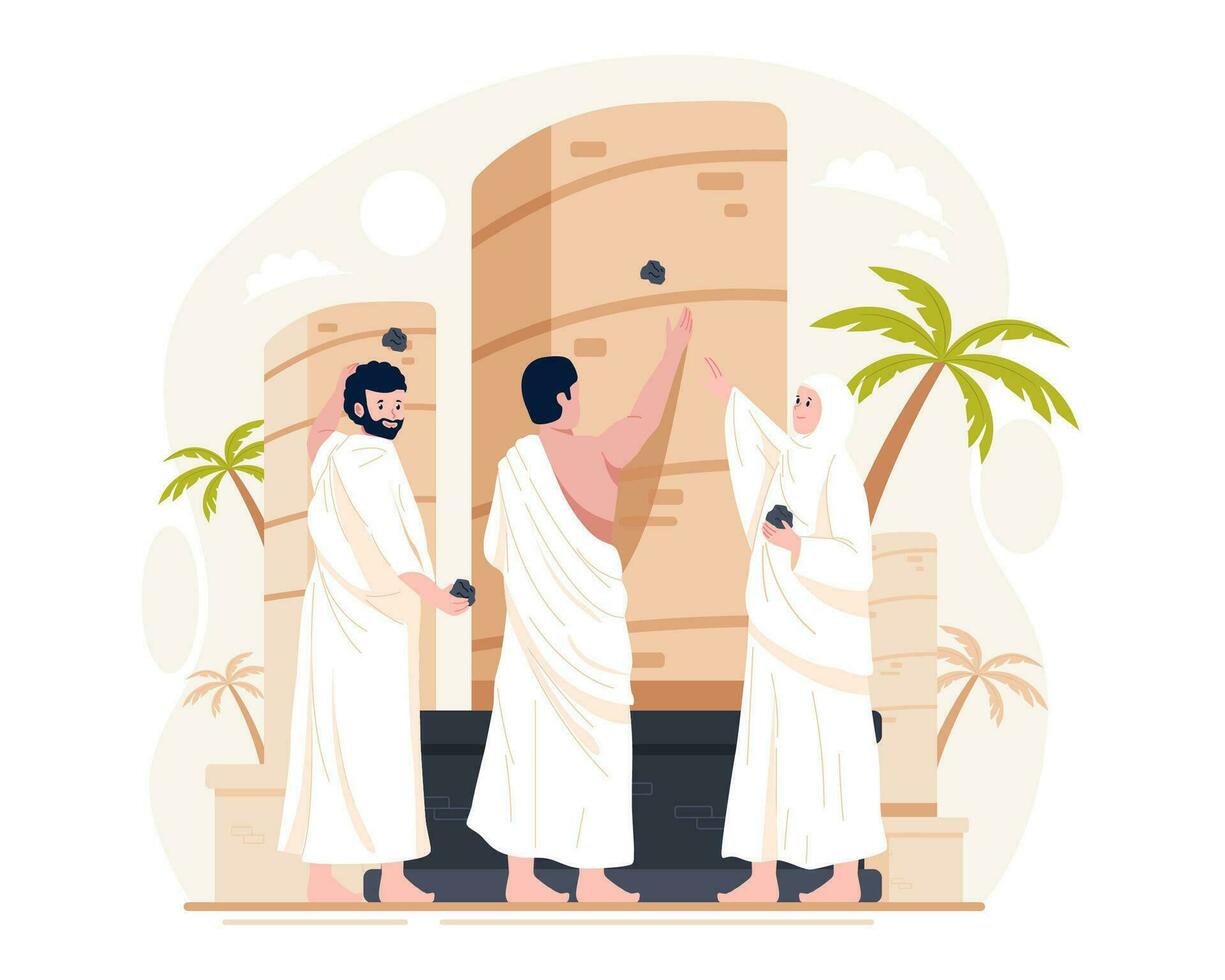 Islamic Hajj Pilgrimage. Muslim pilgrims throw stones at the devil pillar or Jamarat walls. One of Islam's sacred pilgrimage steps vector