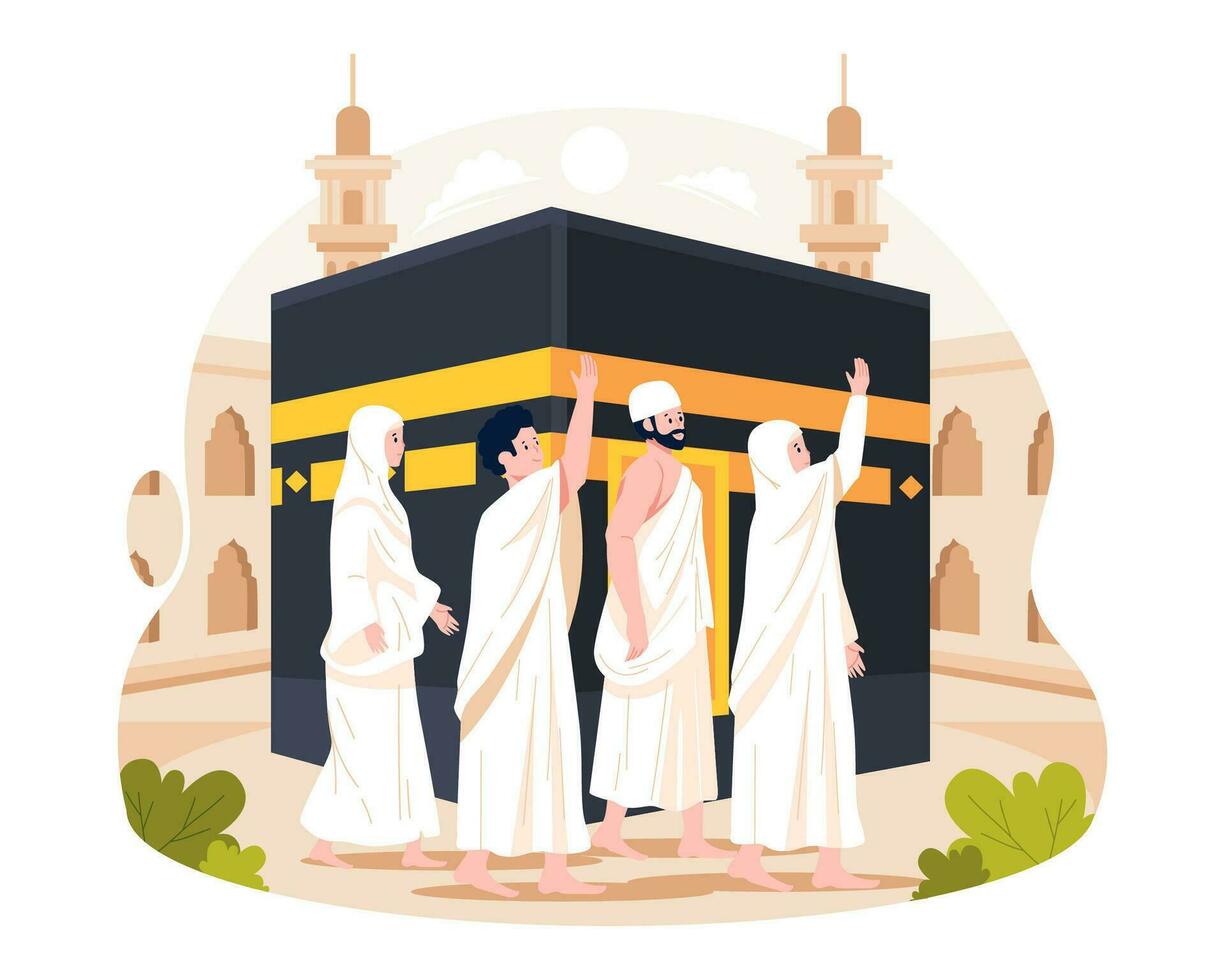 Islamic Hajj Pilgrimage. Muslim People do Tawaf or walking around Kaaba in Mecca. Vector illustration in flat style