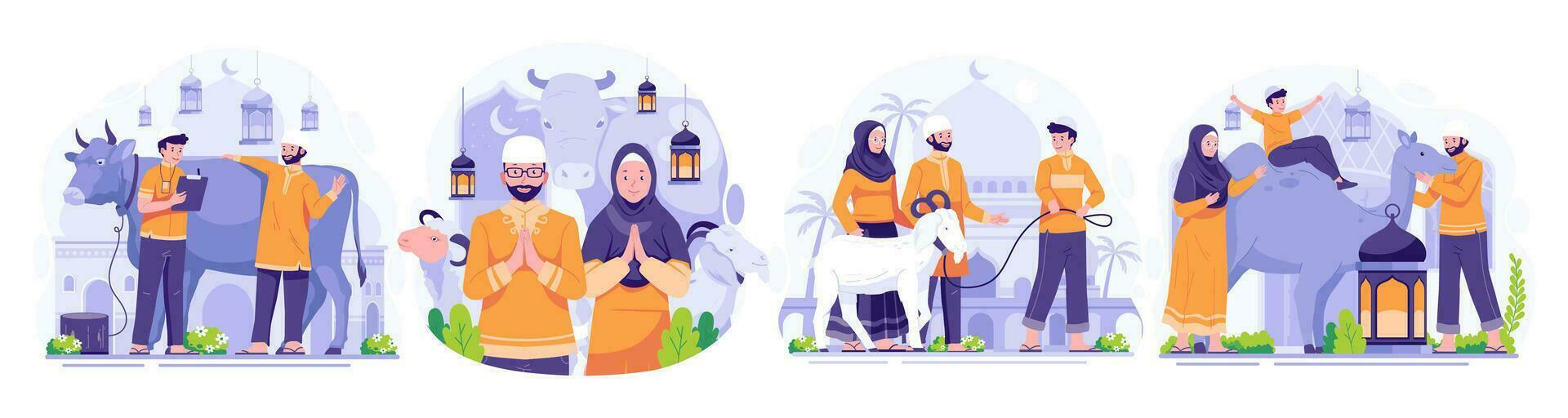Illustration Set of Happy Eid Al Adha Mubarak. Muslim People celebrate Eid Al Adha. Vector illustration