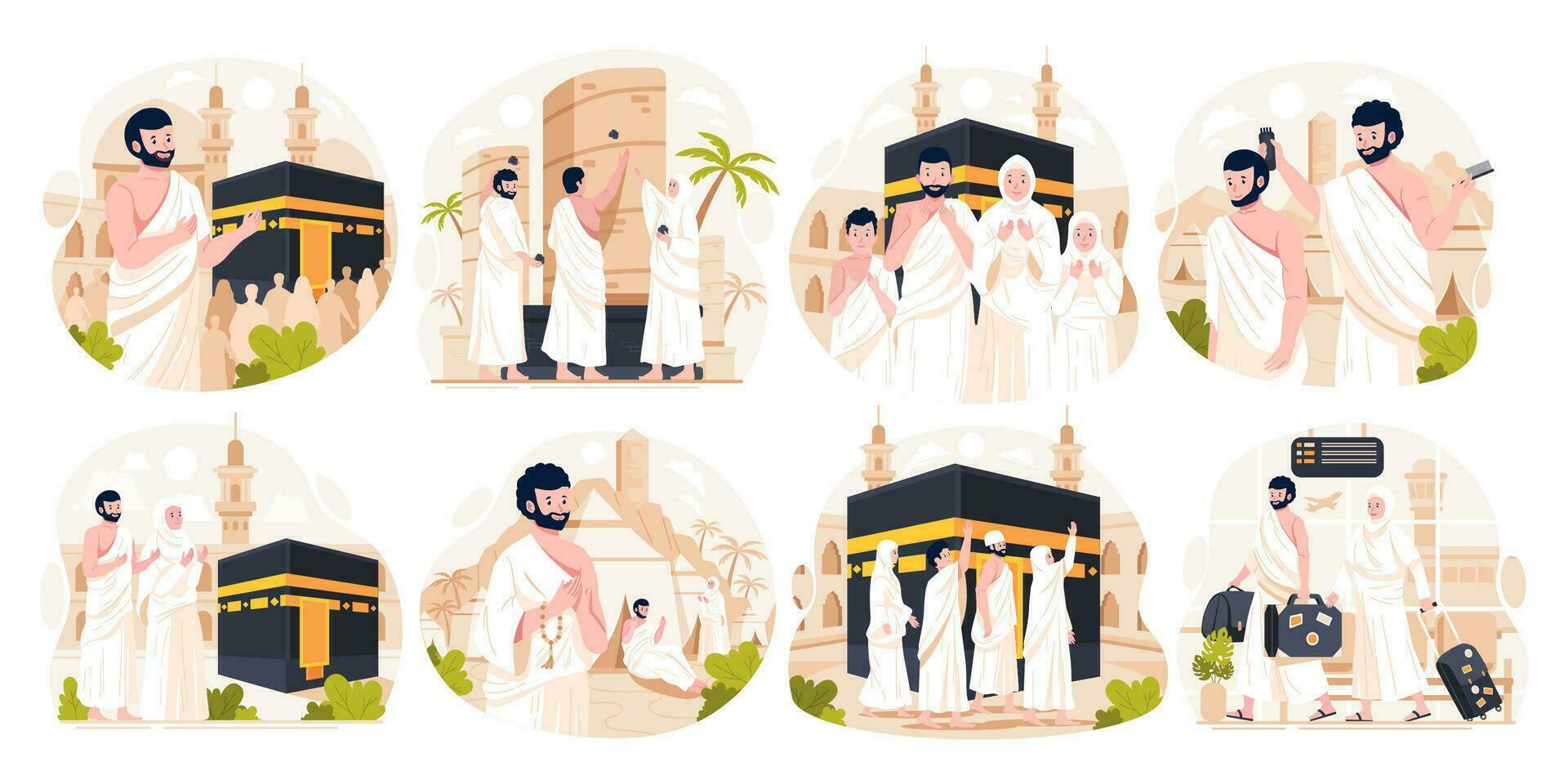 ilustración conjunto de islámico hajj peregrinaje. musulmán personas realiza islámico hajj peregrinaje. hombre y mujer hajj caracteres vestir ihram ropa con un kaaba antecedentes. vector ilustración