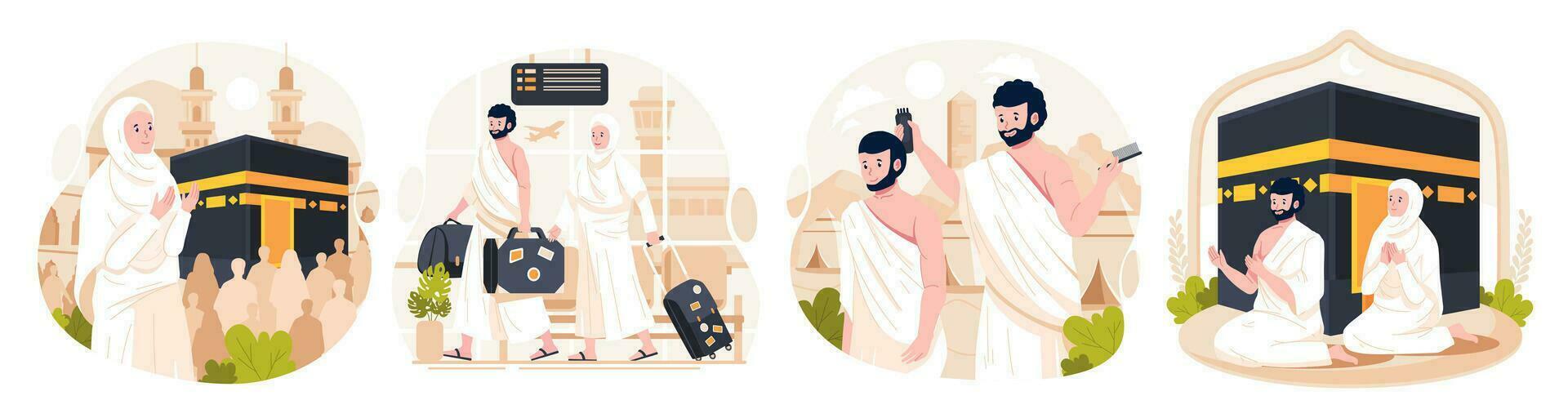 Illustration Set of Islamic Hajj Pilgrimage. Muslim People performs Islamic Hajj Pilgrimage. Man and Woman Hajj characters wear ihram clothes with a Kaaba background. Vector illustration