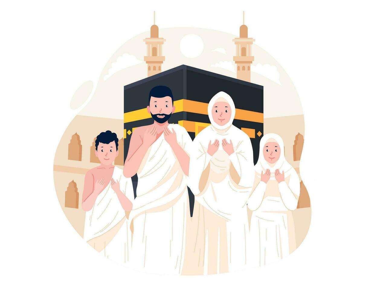 Islamic Hajj Pilgrimage. A Muslim family wears ihram clothes performing Hajj or Umrah Pilgrimage with Kaaba Background. Vector illustration in flat style