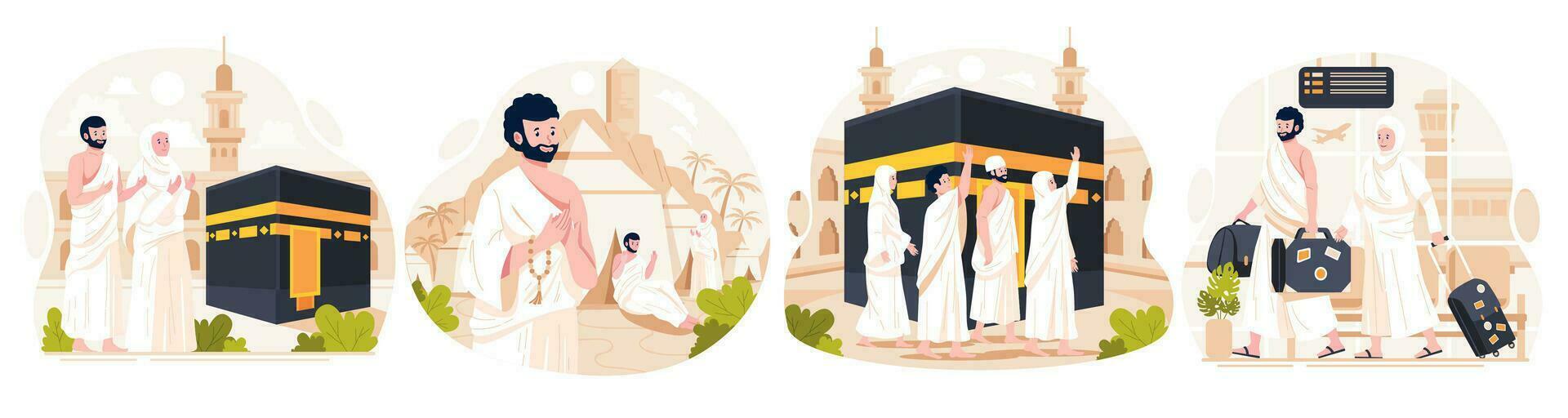 Illustration Set of Islamic Hajj Pilgrimage. Muslim People performs Islamic Hajj Pilgrimage. Man and Woman Hajj characters wear ihram clothes with a Kaaba background. Vector illustration