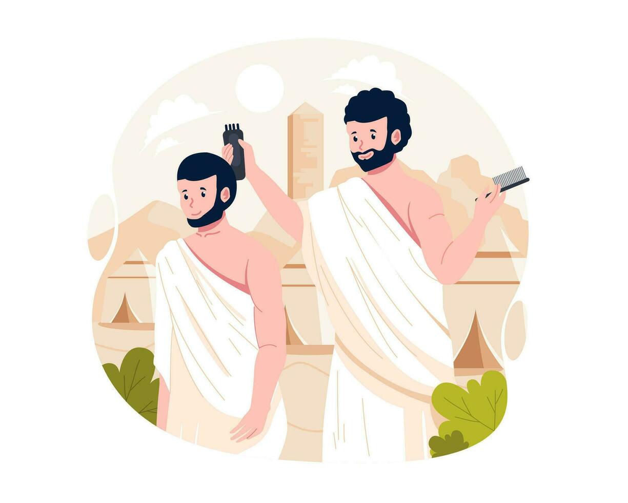 un musulmán personaje afeitado o podar cabello. un ritual de el hajj peregrinaje. hajj peregrinos afeitado su cabezas vector ilustración en plano estilo