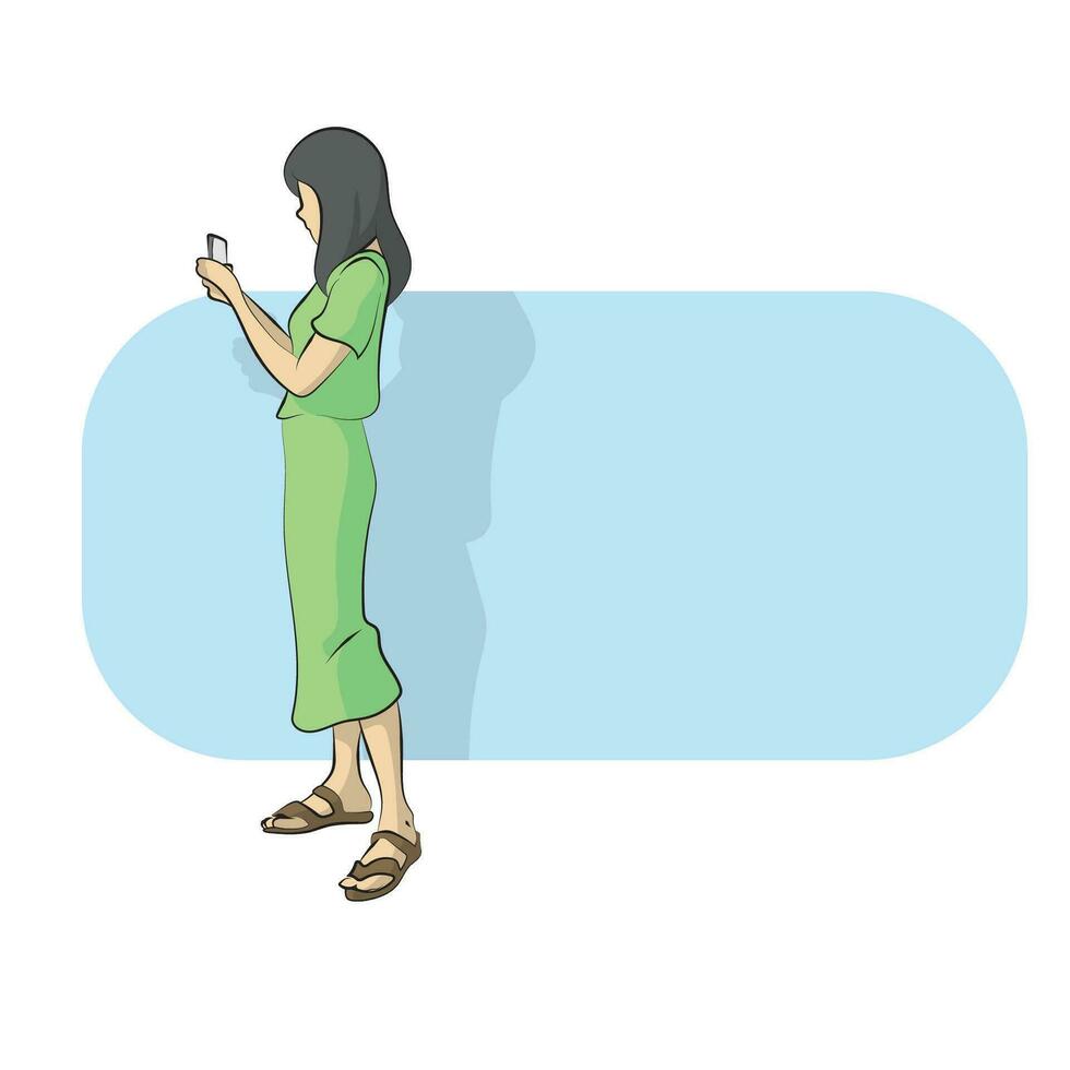 line art full length of woman in green suit using smartphone with blue blank space illustration vector hand drawn isolated on white background
