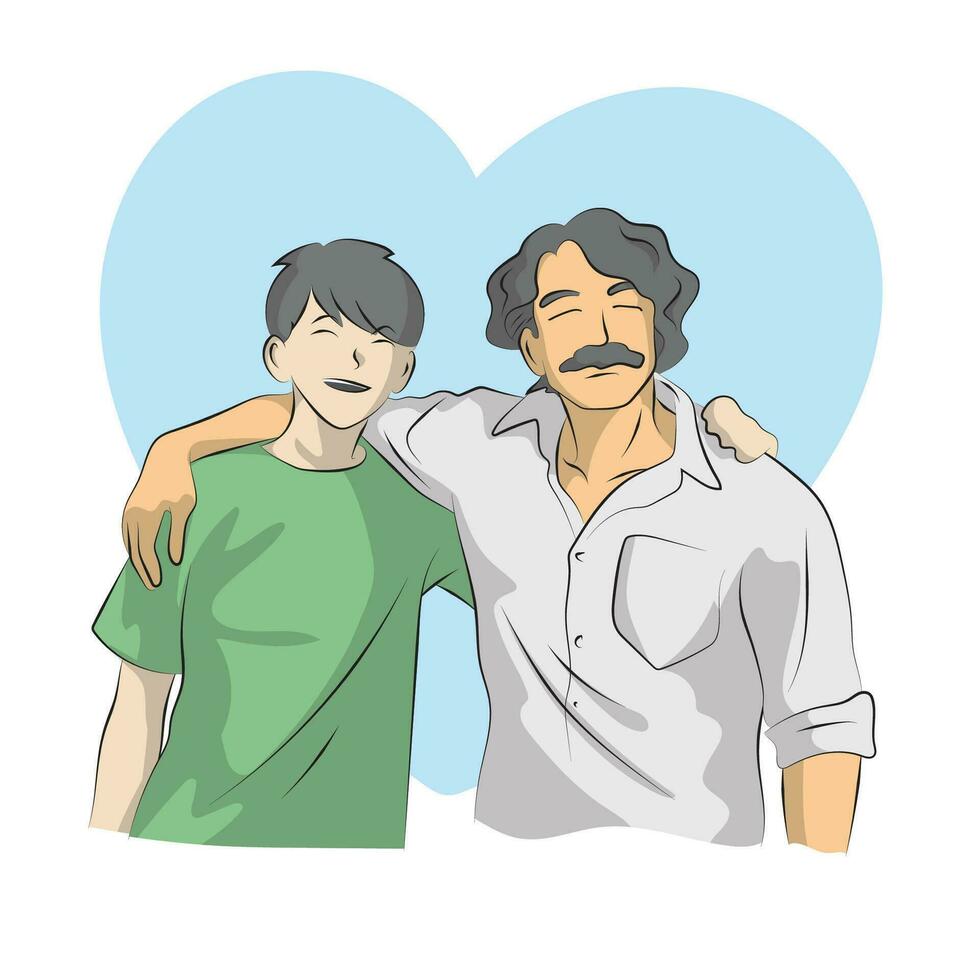line art father hug son in front of blue heart illustration vector hand drawn isolated on white background