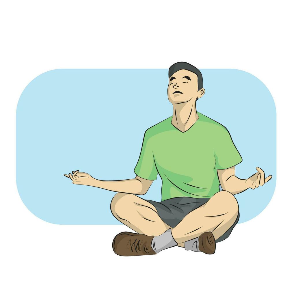 línea Arte enfocado hombre sentado en piso meditando relajación con Copiar espacio ilustración vector mano dibujado aislado en blanco antecedentes