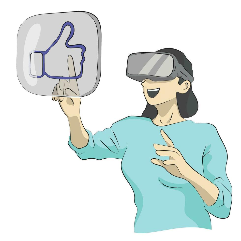 line art businesswoman pushing like button on vr glasses illustration vector hand drawn isolated on white background