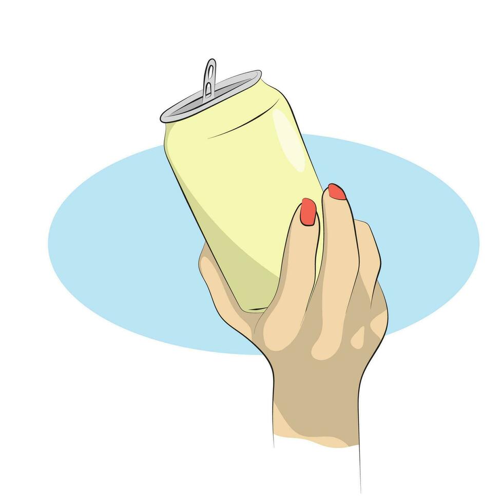 closeup hand of woman holding yellow tin can illustration vector hand drawn isolated on white background line art.