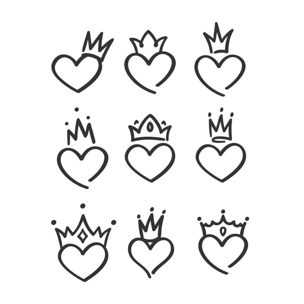 hand drawn crown hearts doodle vector