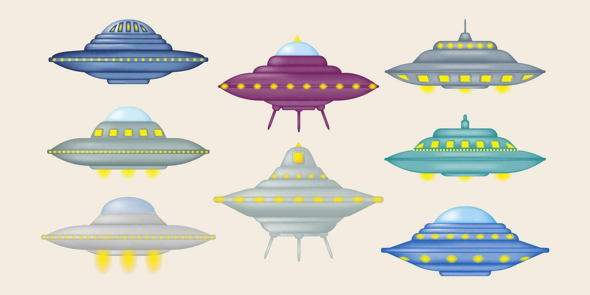 Set of fantastic spaceships 3d. UFO alien space travel vehicle. Vector illustration.