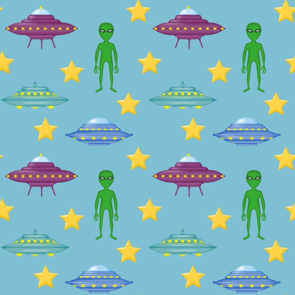 Cute background with cartoon UFOs, green alien, stars on blue. Space childish seamless pattern. Ufo background. Vector illustration.