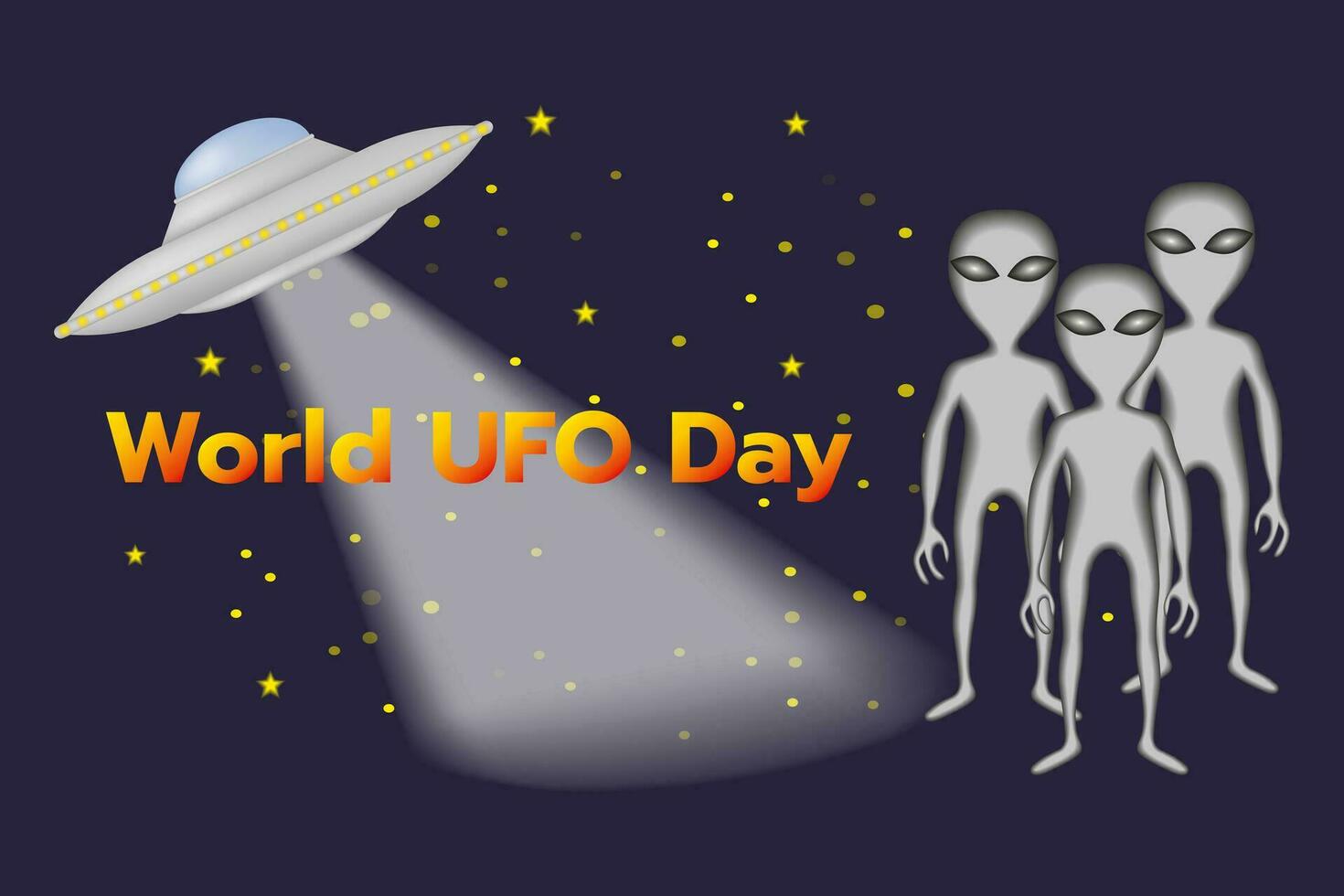 World UFO Day. Alien in space. Vector illustration with flying saucer, aliens, night sky with stars. For poster, banner, greeting card.