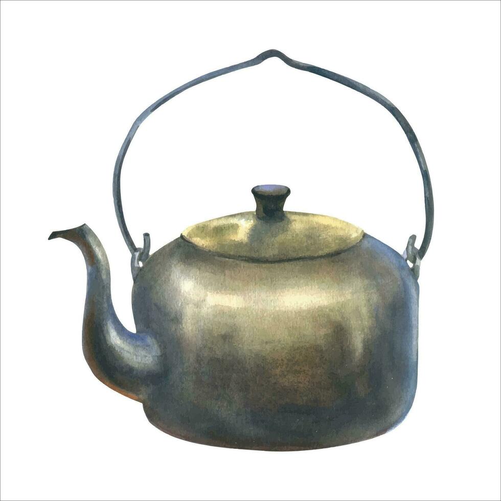 Watercolor vector hand drawn illustration vintage kettle, camping teapot on a white background. Clipart for postcards, stickers on the theme of travel or camping