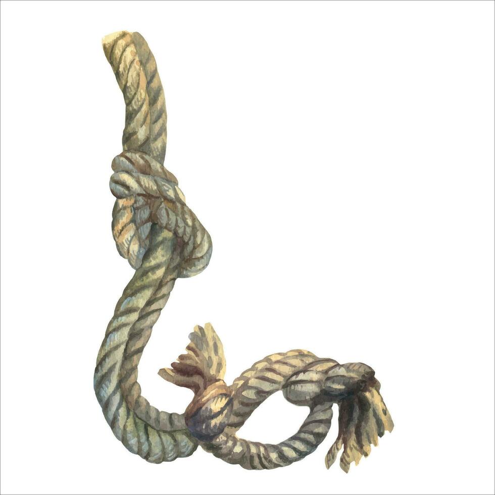 Watercolor vector illustration of rope roll for camping isolated on white background. Marine rope for your design and decor. Sea knot made of rope.