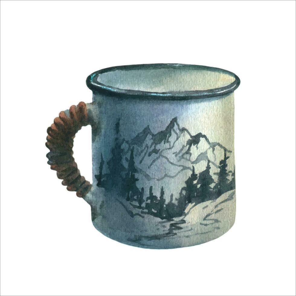 Watercolor vector illustration of a tourist iron mug isolated on a white background. White iron tea mug with a pattern of mountains and fir trees on it