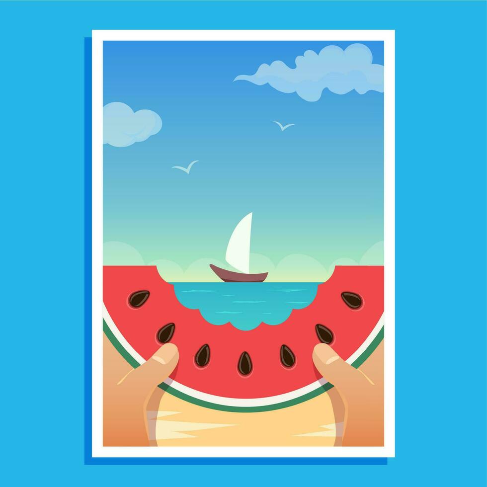 Landscape with human hands holding a piece of watermelon and a ship in the background vector