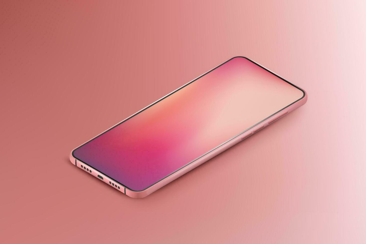 Realistic isometric smartphone mockup in warm colors. 3d mobile phone with gradient screen. Modern cell phone template on gradient background vector