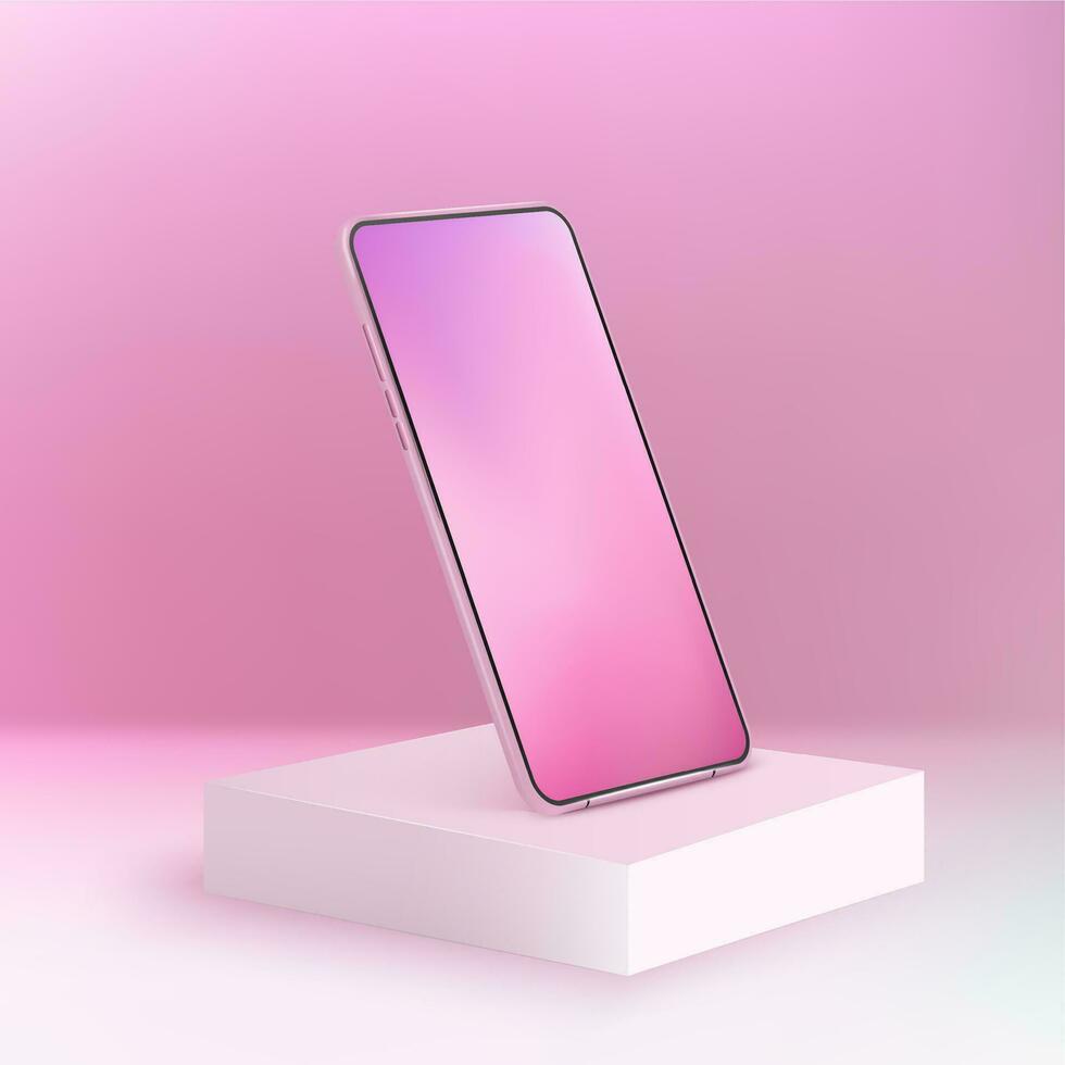 rosado realista teléfono inteligente Bosquejo en cuadrado podio. 3d móvil teléfono con degradado pantalla. moderno célula teléfono modelo en púrpura antecedentes vector