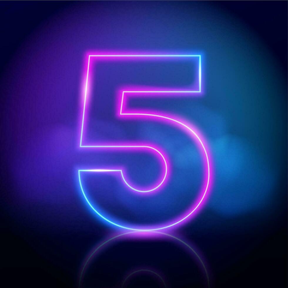 Purple neon tube number five with fog on dark background. Neon color glowing number vector
