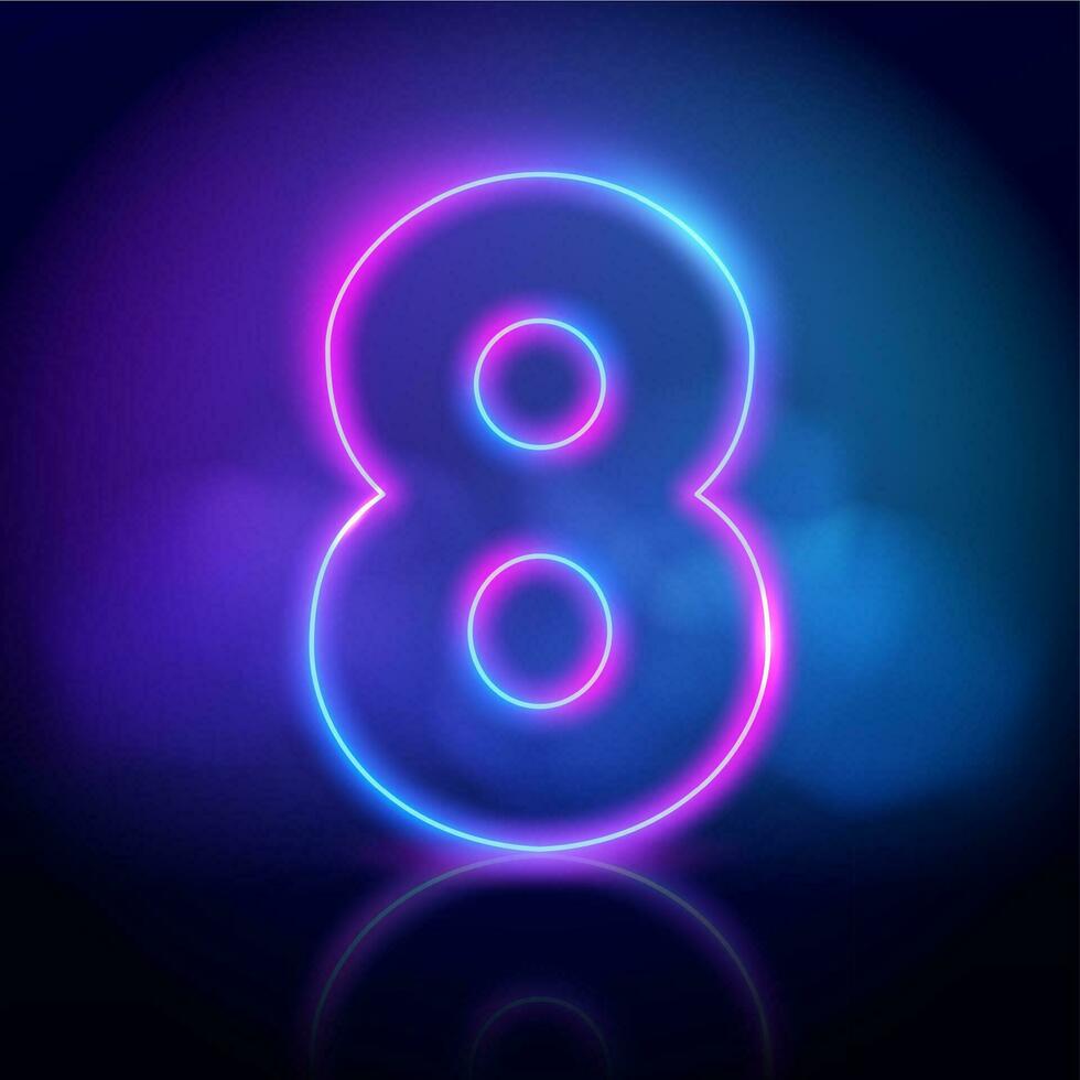 Purple neon tube number eight with fog on dark background. Neon color glowing number vector