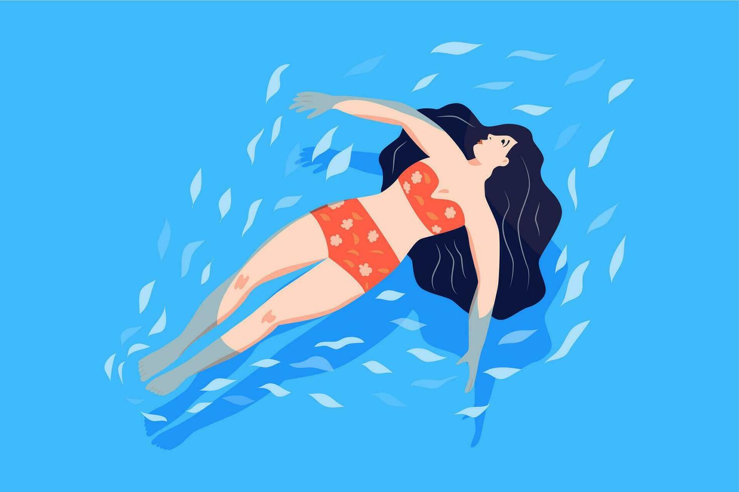 Young girl floating on water surface. Woman swimming on back in sea. Healthy aqua relaxation vector