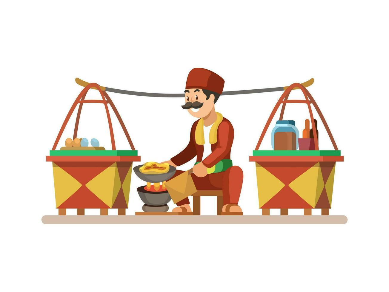 Man Selling Kerak Telor Traditional Street Food From  Jakarta, Indonesia Cartoon illustration Vector