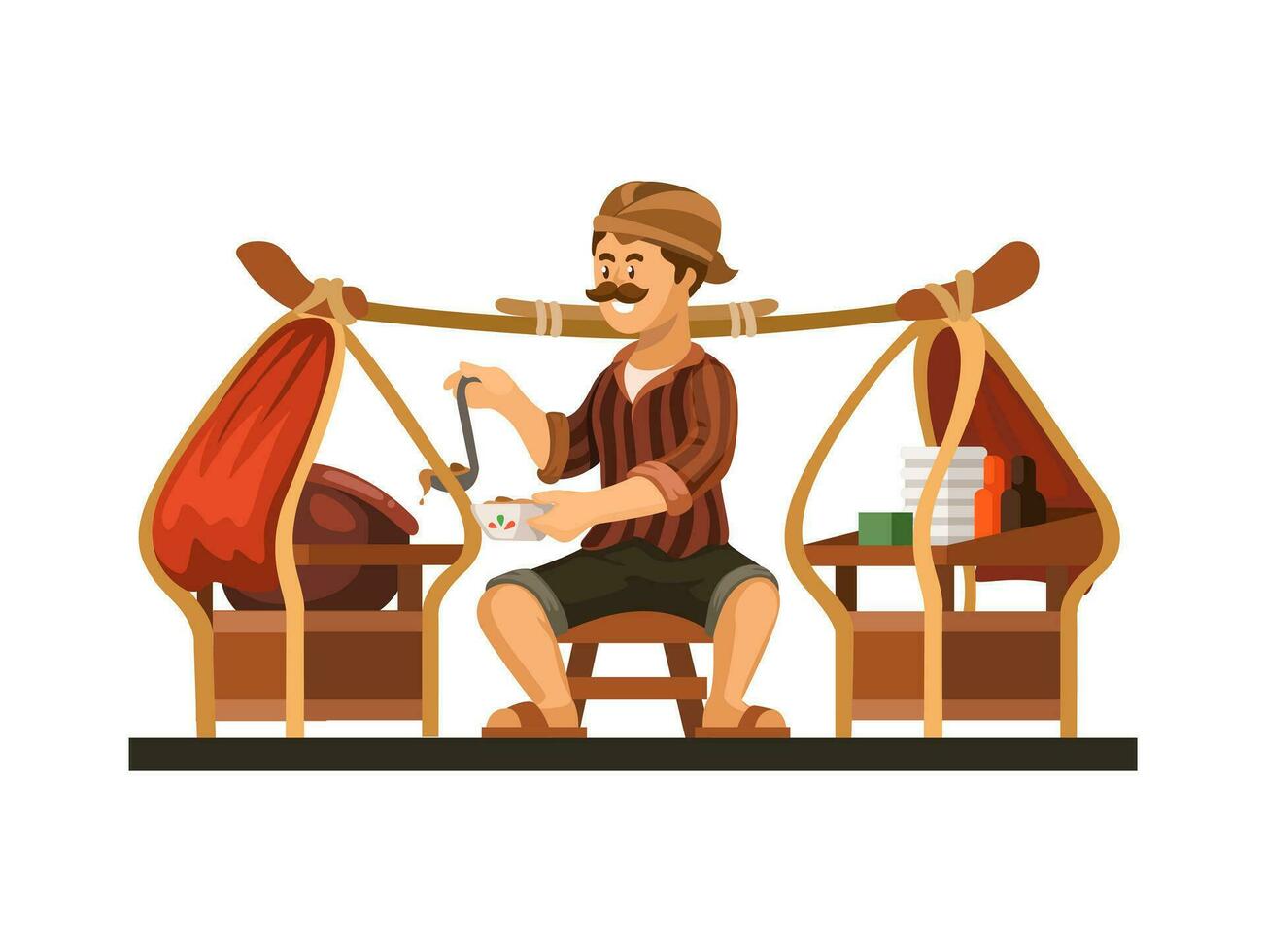 Man Selling Empal Gentong Traditional Street Food From Cirebon, Indonesia Cartoon Illustration Vector