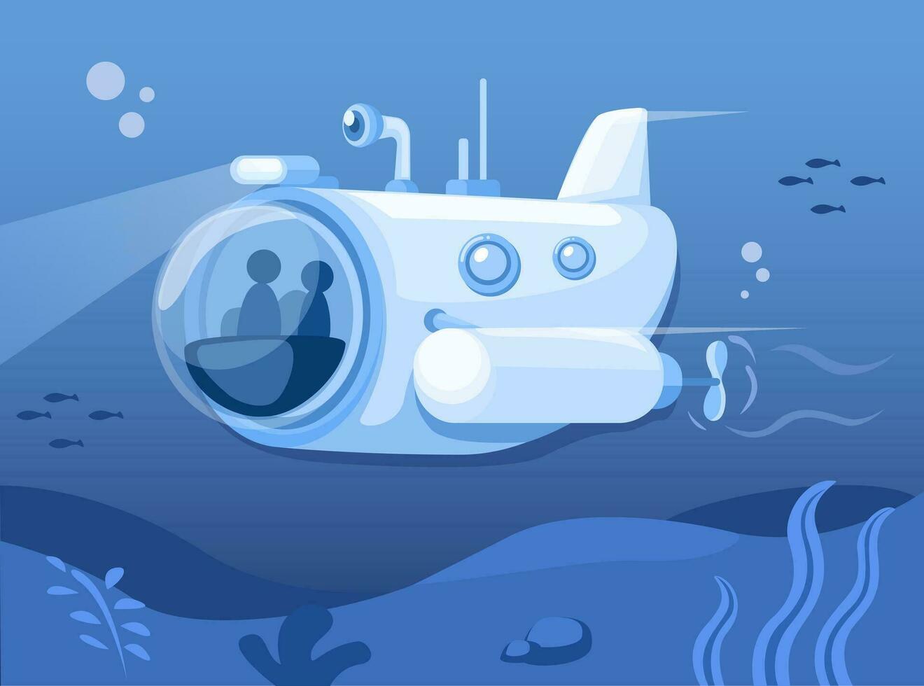 Submarine Sailing Under The Ocean Depths Scene Cartoon illustration Vector