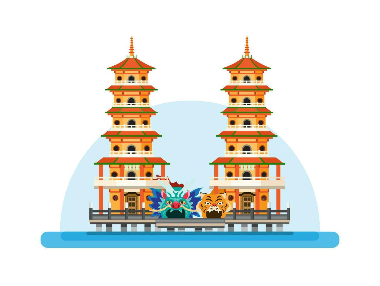 Dragon and Tiger Pagodas in Lotus Lake, Kaohsiung, Taiwan. Famous Temple Landmark Building Flat Cartoon illustration Vector