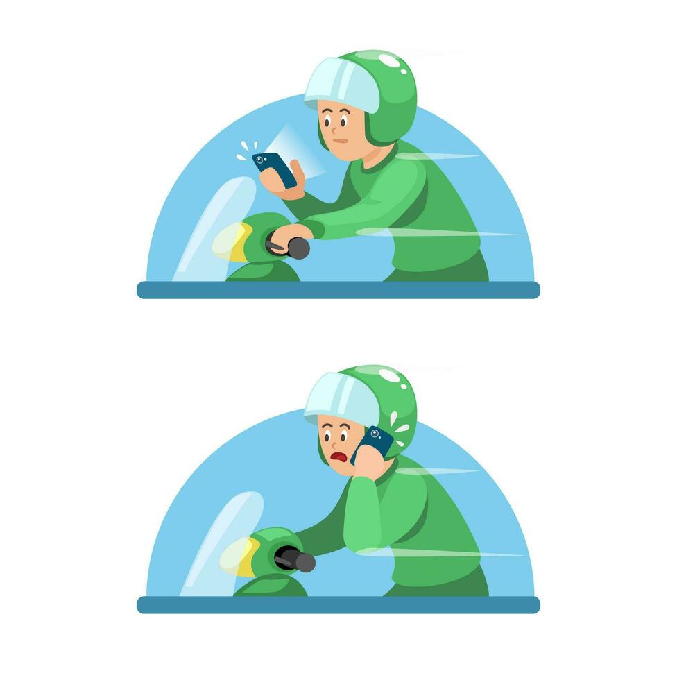 Man Chat and Call Using Smartphone While Riding Motorbike Symbol Set Cartoon illustration Vector