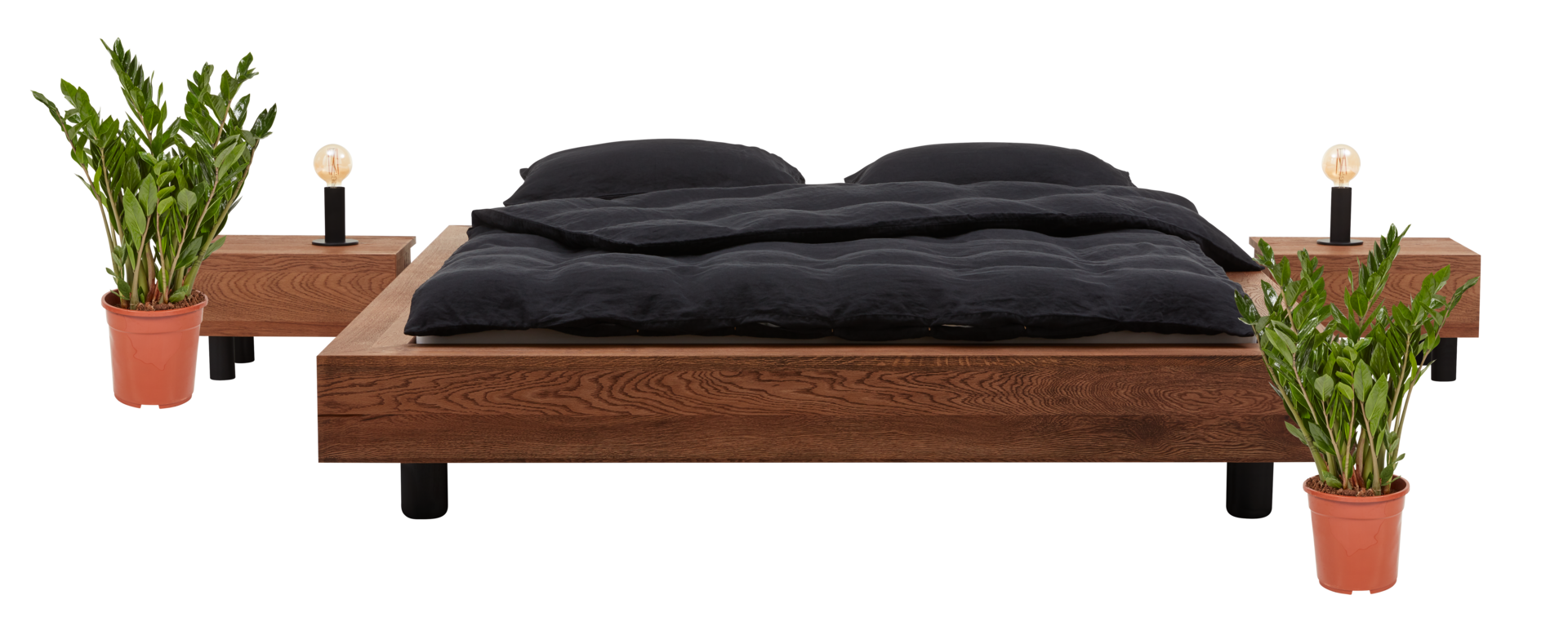 houten bed met matras en planten Daar is een tafel naar plaats een lamp besnoeiing uit, geïsoleerd transparant achtergrond png