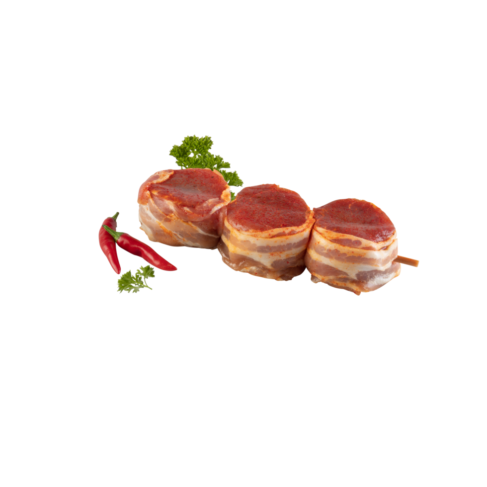 Pork wrapped in bacon on a skewer BBQ Cut out, isolated transparent background png